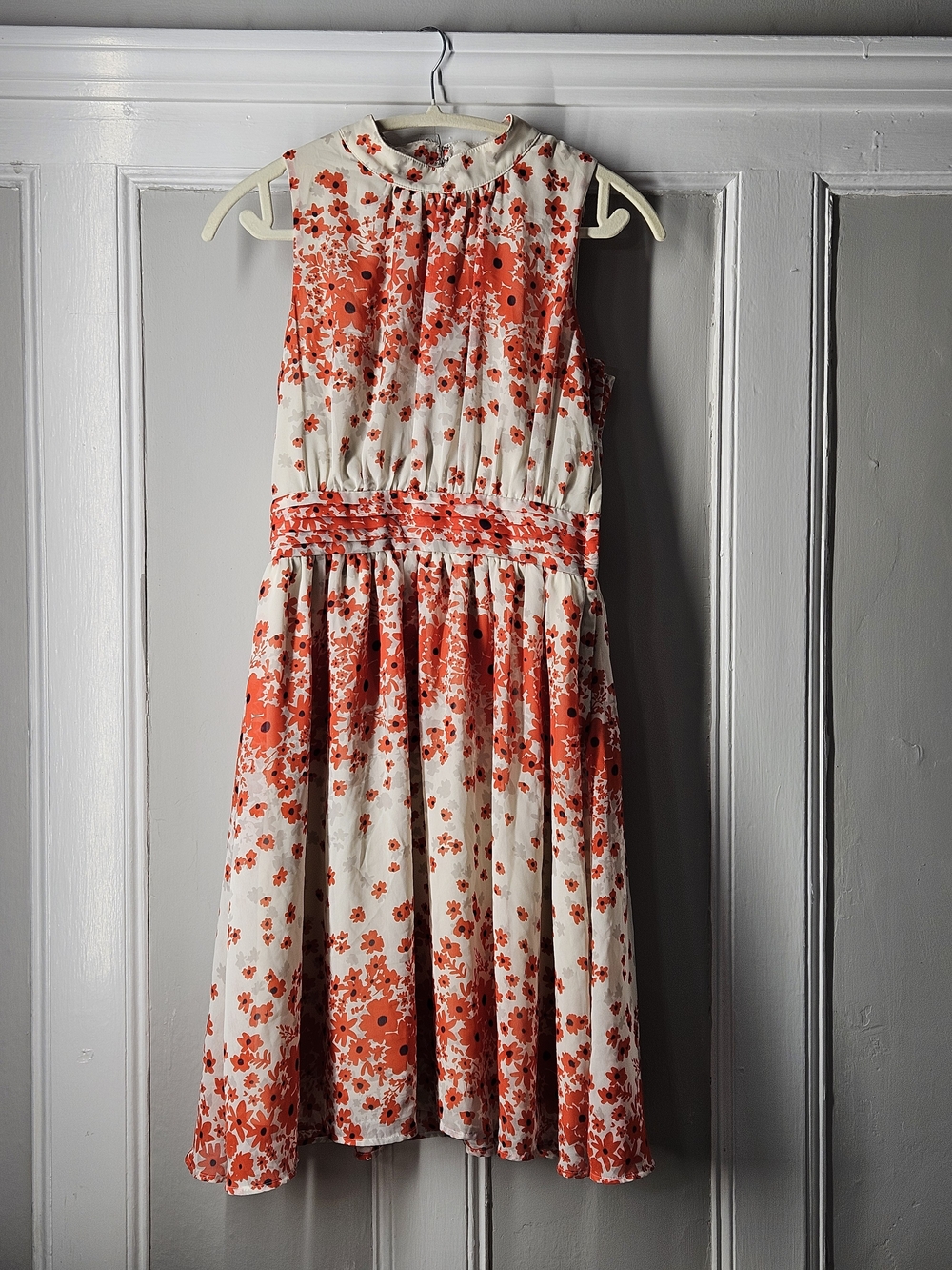 Fervour-Sleeveless Cream Midi Dress with Orange Floral Print sz S